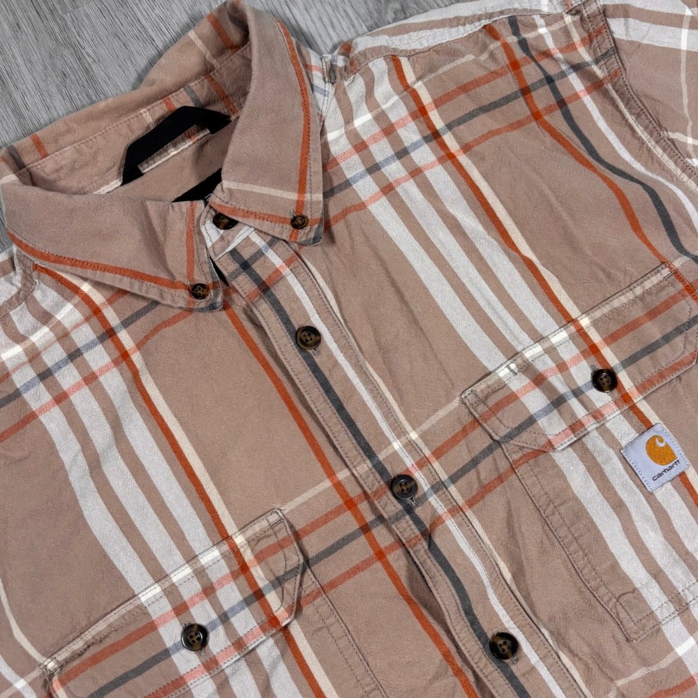 Carhartt Mens Loose Fit Short Sleeve Plaid Button Down Work Shirt Brown XL